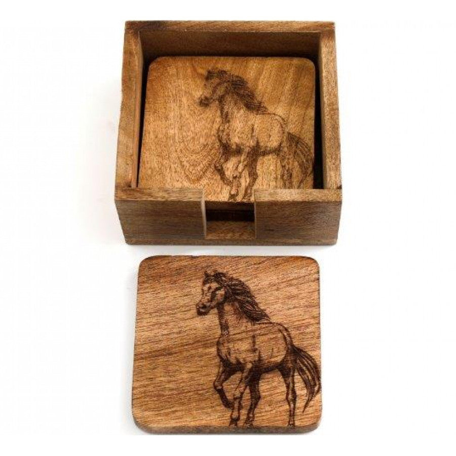 Set of 4 Etched Mango Wood Horse Coasters With Holder