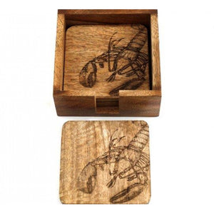 Set of 4 Etched Mango Wood Lobster Coasters With Holder