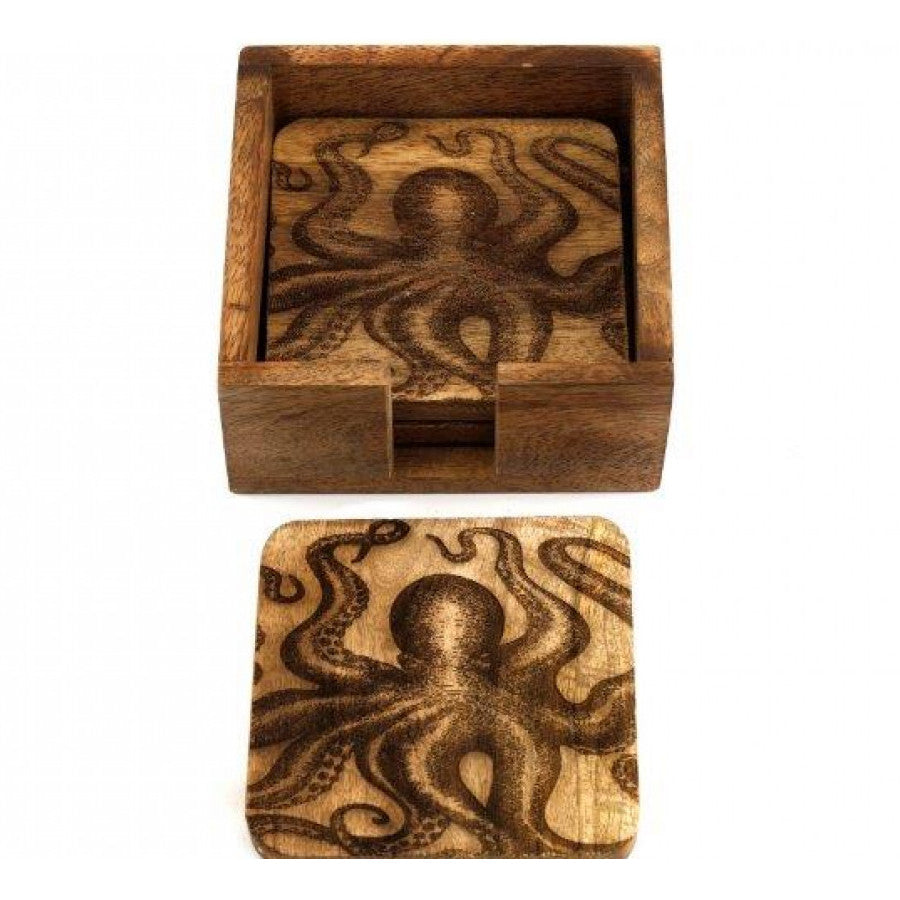 Set of 4 Etched Mango Wood Octopus Coasters With Holder